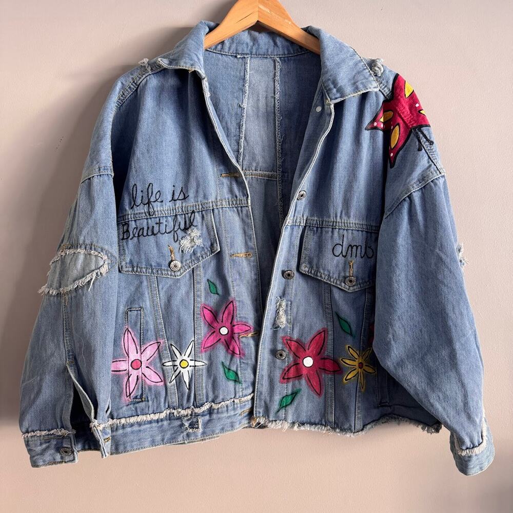 Wren and Glory Hand Painted Floral Denim Jean Jacket Monogrammed Custom